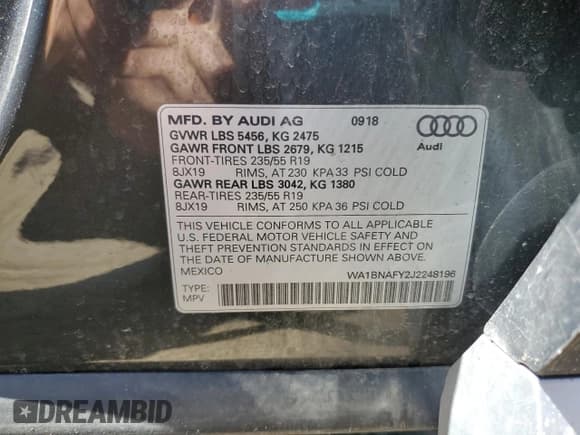 ✅ 2018 Audi Q5 Premium Plus • VIN: WA1BNAFY2J2248196 • Lot: 57253405. Listed on Copart with Not provided. Free auction sales archive from the USA and detailed vehicle history report at DreamBid. Image 13.