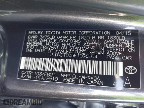 ✅ 2015 Toyota Prius Four • VIN: JTDKDTB35F1096104 • Lot: 43642356. Listed on IAAI with 223,164 mi. Free auction sales archive from the USA and detailed vehicle history report at DreamBid. Image 9.