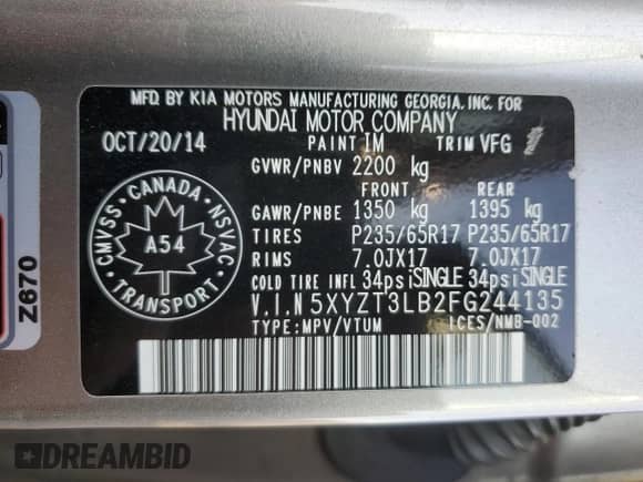 2015 Hyundai Santa Fe with VIN 5XYZT3LB2FG244135, listed as a Copart auction lot 71110295 with 209,918 mi miles and Clean title. Bid and sale history available at DreamBid. Image 13.