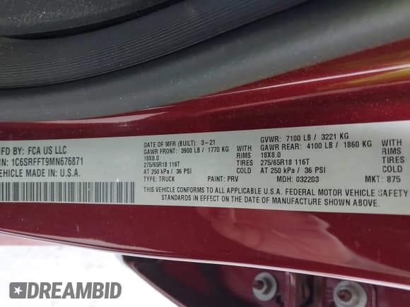 ✅ 2021 Ram 1500 Lone Star • VIN: 1C6SRFFT9MN676871 • Lot: 42344073. Listed on IAAI with 38,160 mi. Free auction sales archive from the USA and detailed vehicle history report at DreamBid. Image 9.