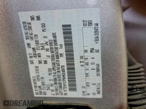 ✅ 2017 Ford F-150 XL • VIN: 1FTEW1CP9HKE45078 • Lot: 93971665. Listed on Copart with 119,526 mi. Free auction sales archive from the USA and detailed vehicle history report at DreamBid. Image 12.