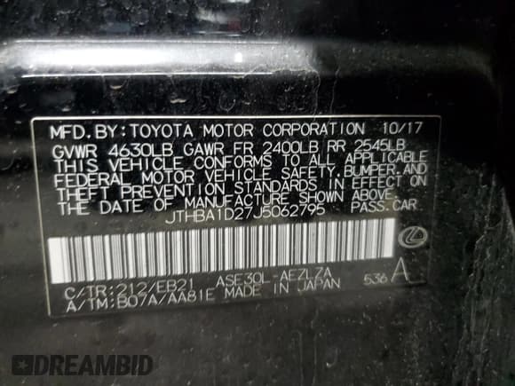 ✅ 2018 Lexus IS 300 • VIN: JTHBA1D27J5062795 • Lot: 57393965. Listed on Copart with 44,532 mi. Free auction sales archive from the USA and detailed vehicle history report at DreamBid. Image 12.