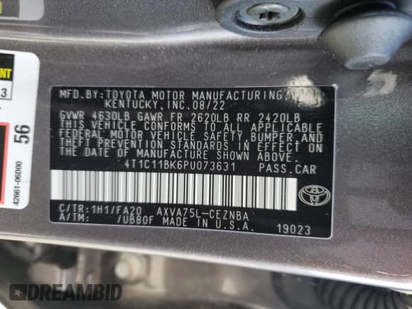 2023 Toyota Camry LE z VIN 4T1C11BK6PU073631, wystawiony jako Copart lot #85548065 z przebiegiem 15 060 mil mil oraz Szkoda całkowita • Salvage title. Historia ofert i sprzedaży dostępna na DreamBid. Obrazek 13.