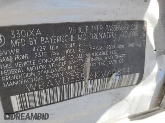 2006 BMW 3 Series 330xi with VIN WBAVD33516KV60834, listed as a Copart auction lot 84768425 with 182,972 mi miles and Salvage title. Bid and sale history available at DreamBid. Image 12.