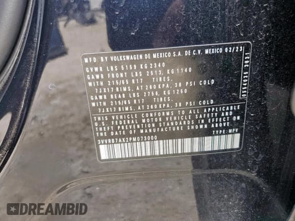 ✅ 2023 Volkswagen Tiguan S • VIN: 3VVRB7AX2PM073000 • Lot: 67019295. Listed on Copart with 40,330 mi. Free auction sales archive from the USA and detailed vehicle history report at DreamBid. Image 13.