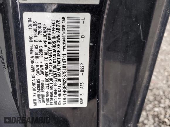 ✅ 2005 Honda Civic VP SSRS • VIN: 1HGEM22375L014711 • Lot: 92462925. Listed on Copart with 219,349 mi. Free auction sales archive from the USA and detailed vehicle history report at DreamBid. Image 12.