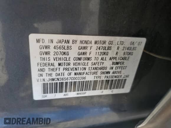2007 Honda Accord with VIN JHMCN36567C003396, listed as a Copart auction lot 42160065 with 193,452 mi miles and Salvage title. Bid and sale history available at DreamBid. Image 12.