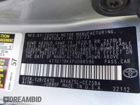 2023 Toyota Camry SE с VIN 4T1G11BKXPU098596, выставлен на аукционе IAAI как лот 42050571 с пробегом 22 817 миль миль и . История ставок и продаж доступна на DreamBid. Изображение 9.