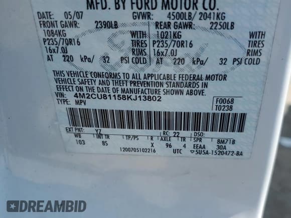 ✅ 2008 Mercury Mariner • VIN: 4M2CU81158KJ13802 • Lot: 57981485. Wystawiony na Copart z przebiegiem 109 225 mil. Bezpłatny archiwum sprzedaży aukcyjnych z USA i szczegółowy raport historii pojazdu na DreamBid. Zdjęcie 12.