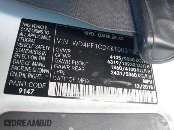✅ 2019 Mercedes-Benz Sprinter Cargo • VIN: WD4PF1CD4KT003105 • Лот: 42643459. Опубликован ранее на IAAI с пробегом 166 243 миль. Бесплатный доступ к архиву аукционных продаж из США и подробный отчёт об истории автомобиля на DreamBid. Изображение 9.