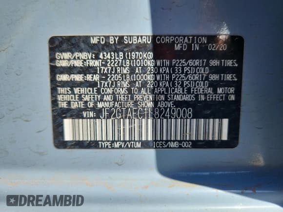 ✅ 2020 Subaru Crosstrek Premium • VIN: JF2GTAEC1L8249008 • Lot: 83800025. Listed on Copart with 89,423 mi. Free auction sales archive from the USA and detailed vehicle history report at DreamBid. Image 13.