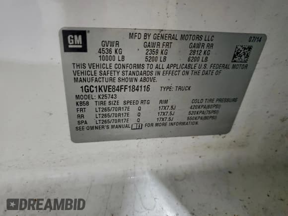 ✅ 2015 Chevrolet Silverado 2500HD LT • VIN: 1GC1KVE84FF184116 • Lot: 93963425. Listed on Copart with 215,459 mi. Free auction sales archive from the USA and detailed vehicle history report at DreamBid. Image 12.