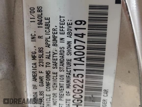 ✅ 2001 Honda Accord EX • VIN: 1HGCG22511A007419 • Lot: 52366735. Listed on Copart with Not provided. Free auction sales archive from the USA and detailed vehicle history report at DreamBid. Image 15.