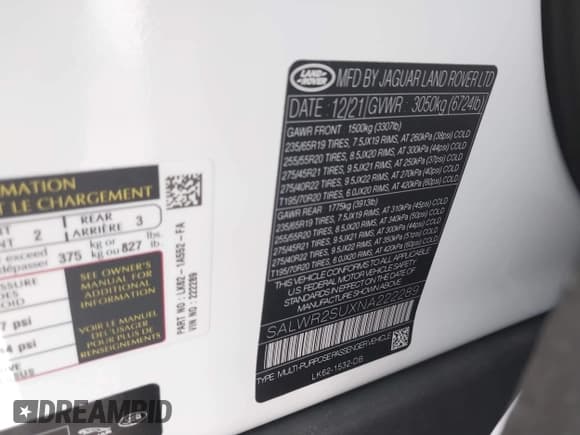 ✅ 2022 Land Rover Range Rover Sport HSE Silver Edition • VIN: SALWR2SUXNA222289 • Lot: 41601877. Listed on IAAI with 18,107 mi. Free auction sales archive from the USA and detailed vehicle history report at DreamBid. Image 9.