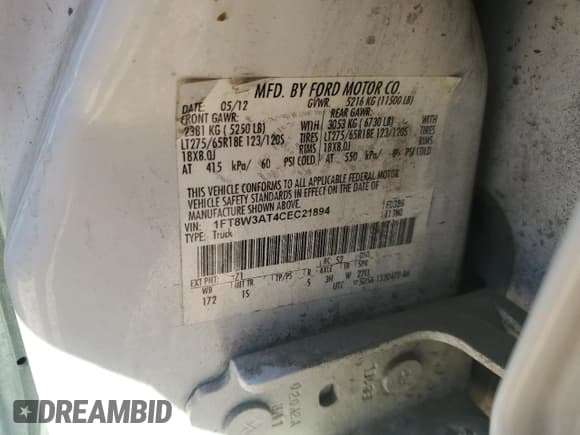 ✅ 2012 Ford F-350 XL • VIN: 1FT8W3AT4CEC21894 • Лот: 86047104. Опубликован ранее на Copart с пробегом 251 017 миль. Бесплатный доступ к архиву аукционных продаж из США и подробный отчёт об истории автомобиля на DreamBid. Изображение 12.