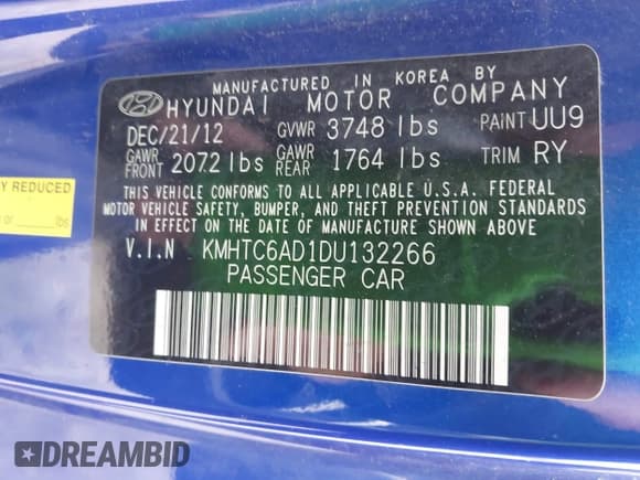 ✅ 2013 Hyundai Veloster w/Black Int • VIN: KMHTC6AD1DU132266 • Лот: 43656928. Опубликован ранее на IAAI с пробегом 256 373 миль. Бесплатный доступ к архиву аукционных продаж из США и подробный отчёт об истории автомобиля на DreamBid. Изображение 9.