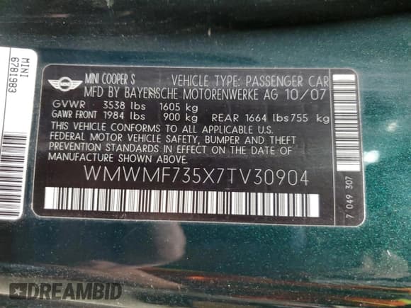 ✅ 2007 MINI Hardtop S • VIN: WMWMF735X7TV30904 • Lot: 91743115. Wystawiony na Copart z przebiegiem 104 482 mil. Bezpłatny archiwum sprzedaży aukcyjnych z USA i szczegółowy raport historii pojazdu na DreamBid. Zdjęcie 12.