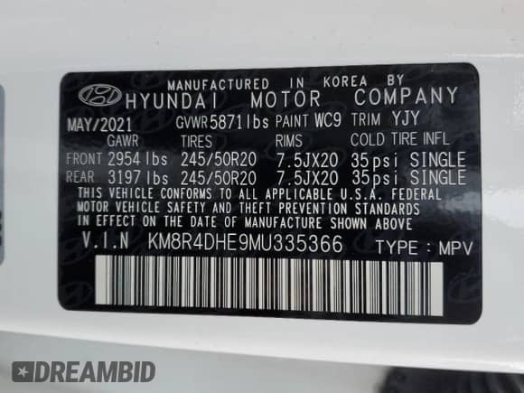 2021 Hyundai Palisade SEL с VIN KM8R4DHE9MU335366, выставлен на аукционе Copart как лот 72824214 с пробегом 47 087 миль миль и Списание • Salvage title. История ставок и продаж доступна на DreamBid. Изображение 15.