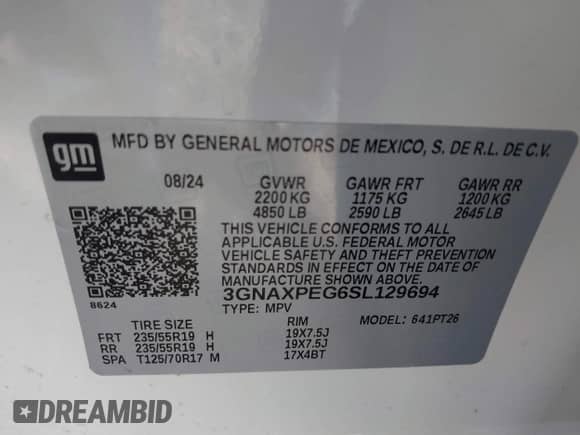 2025 Chevrolet Equinox AWD LT with VIN 3GNAXPEG6SL129694, listed as a IAAI auction lot 41826938 with 5,037 mi miles and . Bid and sale history available at DreamBid. Image 9.