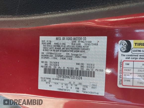 ✅ 2007 Ford Mustang GT Deluxe • VIN: 1ZVFT82H475215524 • Lot: 43472502. Listed on IAAI with 193,059 mi. Free auction sales archive from the USA and detailed vehicle history report at DreamBid. Image 9.