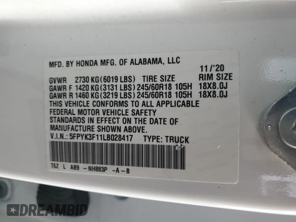 ✅ 2020 Honda Ridgeline Sport • VIN: 5FPYK3F11LB028417 • Lot: 82509545. Listed on Copart with 44,036 mi. Free auction sales archive from the USA and detailed vehicle history report at DreamBid. Image 13.