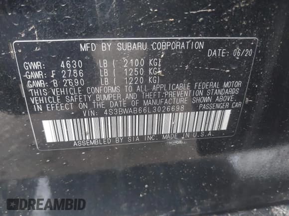 ✅ 2020 Subaru Legacy • VIN: 4S3BWAB66L3026698 • Лот: 42269112. Опубликован ранее на IAAI с пробегом 59 665 миль. Бесплатный доступ к архиву аукционных продаж из США и подробный отчёт об истории автомобиля на DreamBid. Изображение 9.