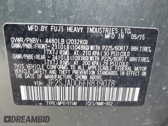 2015 Subaru Forester Premium with VIN JF2SJADC6FH839078, listed as a IAAI auction lot 43110275 with 114,204 mi miles and . Bid and sale history available at DreamBid. Image 9.