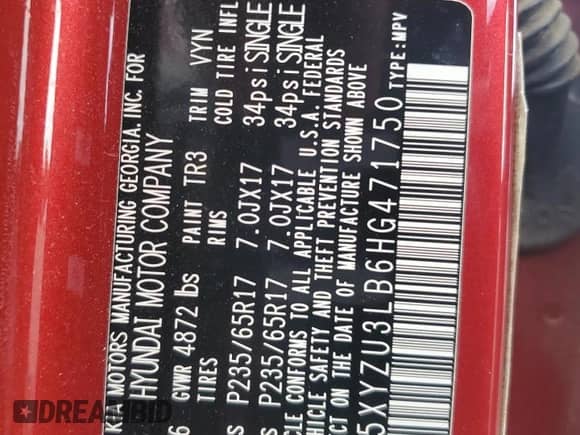 2017 Hyundai Santa Fe 2.4L z VIN 5XYZU3LB6HG471750, wystawiony jako Copart lot #81209935 z przebiegiem Nie podano mil oraz Szkoda całkowita • Salvage title. Historia ofert i sprzedaży dostępna na DreamBid. Obrazek 13.