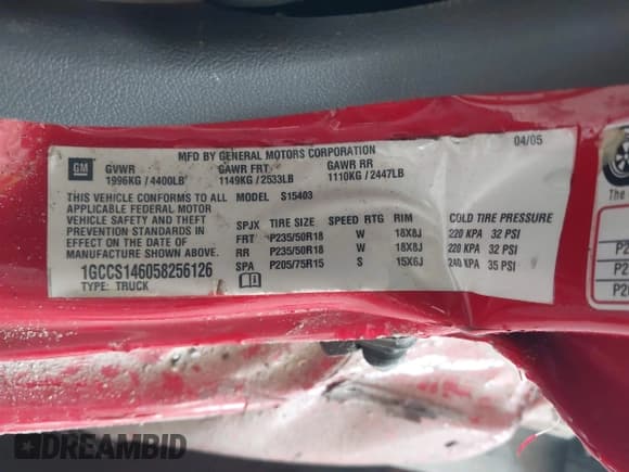 ✅ 2005 Chevrolet Colorado LS Z85 • VIN: 1GCCS146058256126 • Lot: 42363426. Listed on IAAI with 258,401 mi. Free auction sales archive from the USA and detailed vehicle history report at DreamBid. Image 9.
