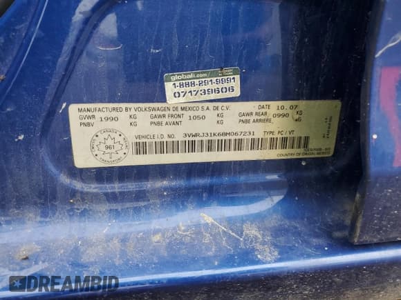 ✅ 2008 Volkswagen Jetta • VIN: 3VWRJ31K68M067231 • Lot: 53196704. Listed on Copart with 161,525 mi. Free auction sales archive from the USA and detailed vehicle history report at DreamBid. Image 12.