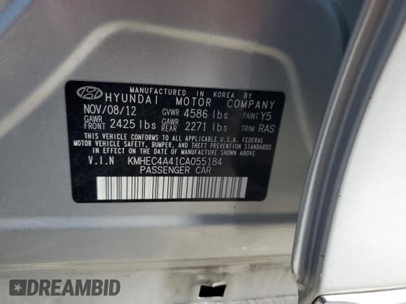 ✅ 2012 Hyundai Sonata Hybrid • VIN: KMHEC4A41CA055184 • Lot: 70484464. Listed on Copart with 152,983 mi. Free auction sales archive from the USA and detailed vehicle history report at DreamBid. Image 12.