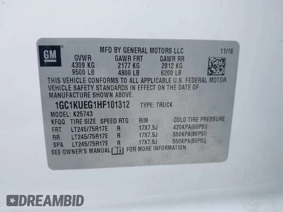 ✅ 2017 Chevrolet Silverado 2500HD Work Truck • VIN: 1GC1KUEG1HF101312 • Lot: 42435610. Listed on IAAI with 120,959 mi. Free auction sales archive from the USA and detailed vehicle history report at DreamBid. Image 9.