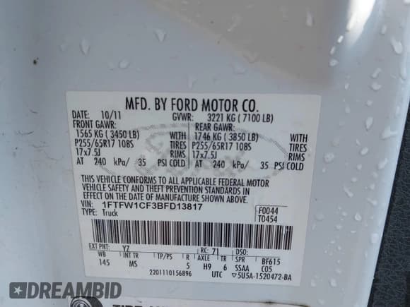 ✅ 2011 Ford F-150 XLT • VIN: 1FTFW1CF3BFD13817 • Lot: 43558556. Listed on IAAI with 211,999 mi. Free auction sales archive from the USA and detailed vehicle history report at DreamBid. Image 9.