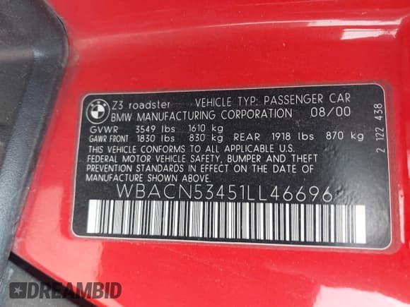 ✅ 2001 BMW Z3 3.0 • VIN: WBACN53451LL46696 • Lot: 42171101. Listed on IAAI with 55,212 mi. Free auction sales archive from the USA and detailed vehicle history report at DreamBid. Image 9.