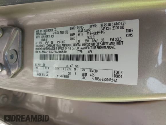 ✅ 2015 Lincoln MKC • VIN: 5LMCJ1A97FUJ46550 • Lot: 43717504. Listed on IAAI with 151,722 mi. Free auction sales archive from the USA and detailed vehicle history report at DreamBid. Image 9.