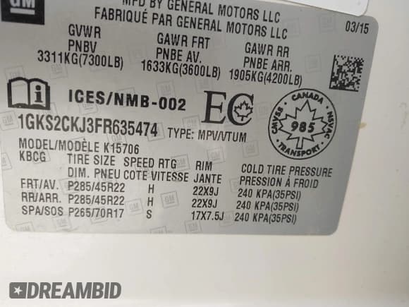 ✅ 2015 GMC Yukon Denali • VIN: 1GKS2CKJ3FR635474 • Lot: 43171248. Listed on IAAI with 174,892 mi. Free auction sales archive from the USA and detailed vehicle history report at DreamBid. Image 9.