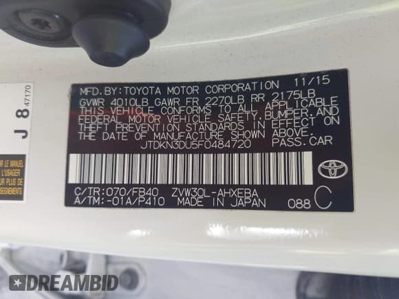 ✅ 2015 Toyota Prius Two • VIN: JTDKN3DU5F0484720 • Lot: 43772884. Listed on IAAI with 110,357 mi. Free auction sales archive from the USA and detailed vehicle history report at DreamBid. Image 9.