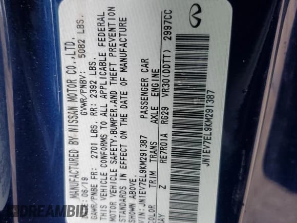 ✅ 2019 Infiniti Q60 Luxe • VIN: JN1EV7EL9KM291387 • Лот: 57882145. Опубликован ранее на Copart с пробегом Не указан. Бесплатный доступ к архиву аукционных продаж из США и подробный отчёт об истории автомобиля на DreamBid. Изображение 12.