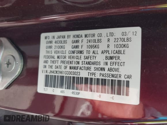 ✅ 2012 Acura TSX Technology • VIN: JH4CW2H61CC003023 • Lot: 42899862. Listed on IAAI with 194,544 mi. Free auction sales archive from the USA and detailed vehicle history report at DreamBid. Image 9.