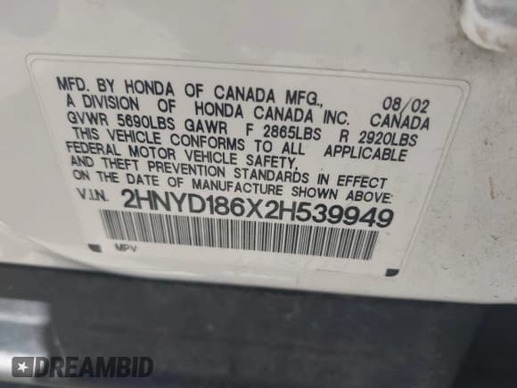 ✅ 2002 Acura MDX Touring • VIN: 2HNYD186X2H539949 • Lot: 42681441. Listed on IAAI with 245,647 mi. Free auction sales archive from the USA and detailed vehicle history report at DreamBid. Image 9.