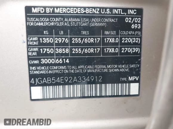 ✅ 2002 Mercedes-Benz M 320/430/500 • VIN: 4JGAB54E92A334912 • Lot: 41825224. Listed on IAAI with 172,579 mi. Free auction sales archive from the USA and detailed vehicle history report at DreamBid. Image 9.