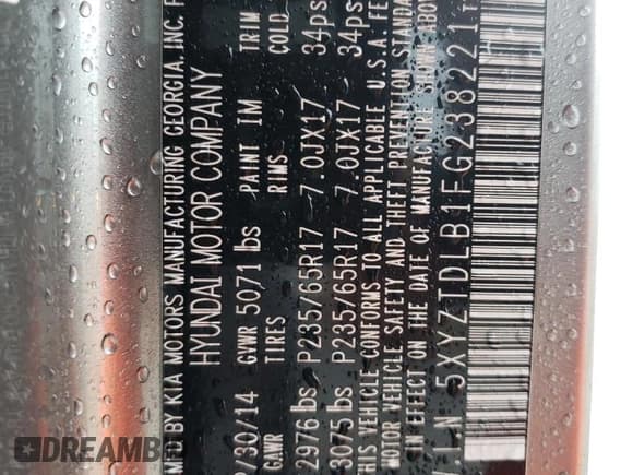 ✅ 2015 Hyundai Santa Fe • VIN: 5XYZTDLB1FG238221 • Лот: 43250653. Опубликован ранее на Copart с пробегом Не указан. Бесплатный доступ к архиву аукционных продаж из США и подробный отчёт об истории автомобиля на DreamBid. Изображение 15.