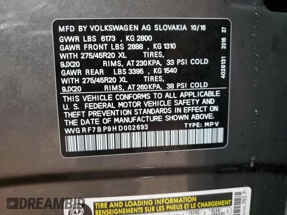 ✅ 2017 Volkswagen Touareg Wolfsburg Edition • VIN: WVGRF7BP9HD002693 • Лот: 71615172. Опубликован ранее на Copart с пробегом 62 226 миль. Бесплатный доступ к архиву аукционных продаж из США и подробный отчёт об истории автомобиля на DreamBid. Изображение 12.