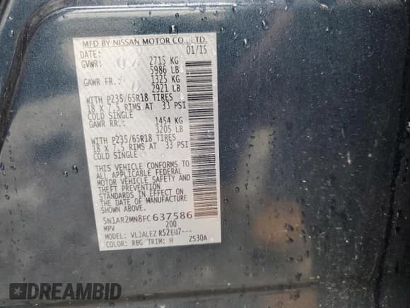 ✅ 2015 Nissan Pathfinder S • VIN: 5N1AR2MN8FC637586 • Lot: 81393835. Listed on Copart with 200,651 mi. Free auction sales archive from the USA and detailed vehicle history report at DreamBid. Image 14.