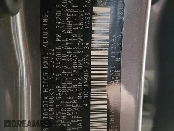 ✅ 2022 Toyota Camry LE • VIN: 4T1C11AK8NU674134 • Лот: 92382645. Опубликован ранее на Copart с пробегом 103 215 миль. Бесплатный доступ к архиву аукционных продаж из США и подробный отчёт об истории автомобиля на DreamBid. Изображение 13.