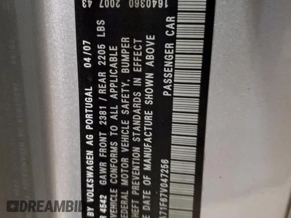 ✅ 2007 Volkswagen Eos 2.0T • VIN: WVWBA71F67V047256 • Lot: 92184425. Listed on Copart with 129,616 mi. Free auction sales archive from the USA and detailed vehicle history report at DreamBid. Image 12.