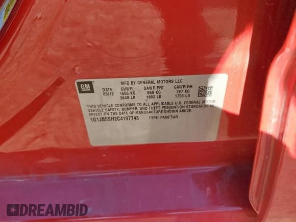 ✅ 2012 Chevrolet Sonic LS • VIN: 1G1JB5SH2C4197743 • Lot: 86045454. Listed on Copart with 156,723 mi. Free auction sales archive from the USA and detailed vehicle history report at DreamBid. Image 14.