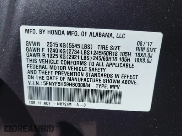 ✅ 2017 Honda Pilot EX-L • VIN: 5FNYF5H59HB030884 • Lot: 43118488. Listed on IAAI with 69,489 mi. Free auction sales archive from the USA and detailed vehicle history report at DreamBid. Image 9.