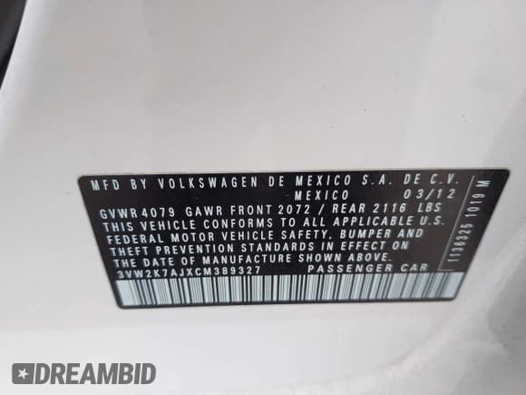 ✅ 2012 Volkswagen Jetta S • VIN: 3VW2K7AJXCM389327 • Lot: 43174215. Listed on IAAI with Not provided. Free auction sales archive from the USA and detailed vehicle history report at DreamBid. Image 9.