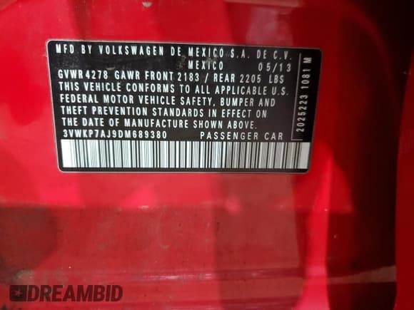 ✅ 2013 Volkswagen Jetta S • VIN: 3VWKP7AJ9DM689380 • Lot: 41681205. Listed on Copart with 102,457 mi. Free auction sales archive from the USA and detailed vehicle history report at DreamBid. Image 13.